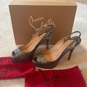 Christian Louboutin Black and Silver Glitter Slingback Heels
